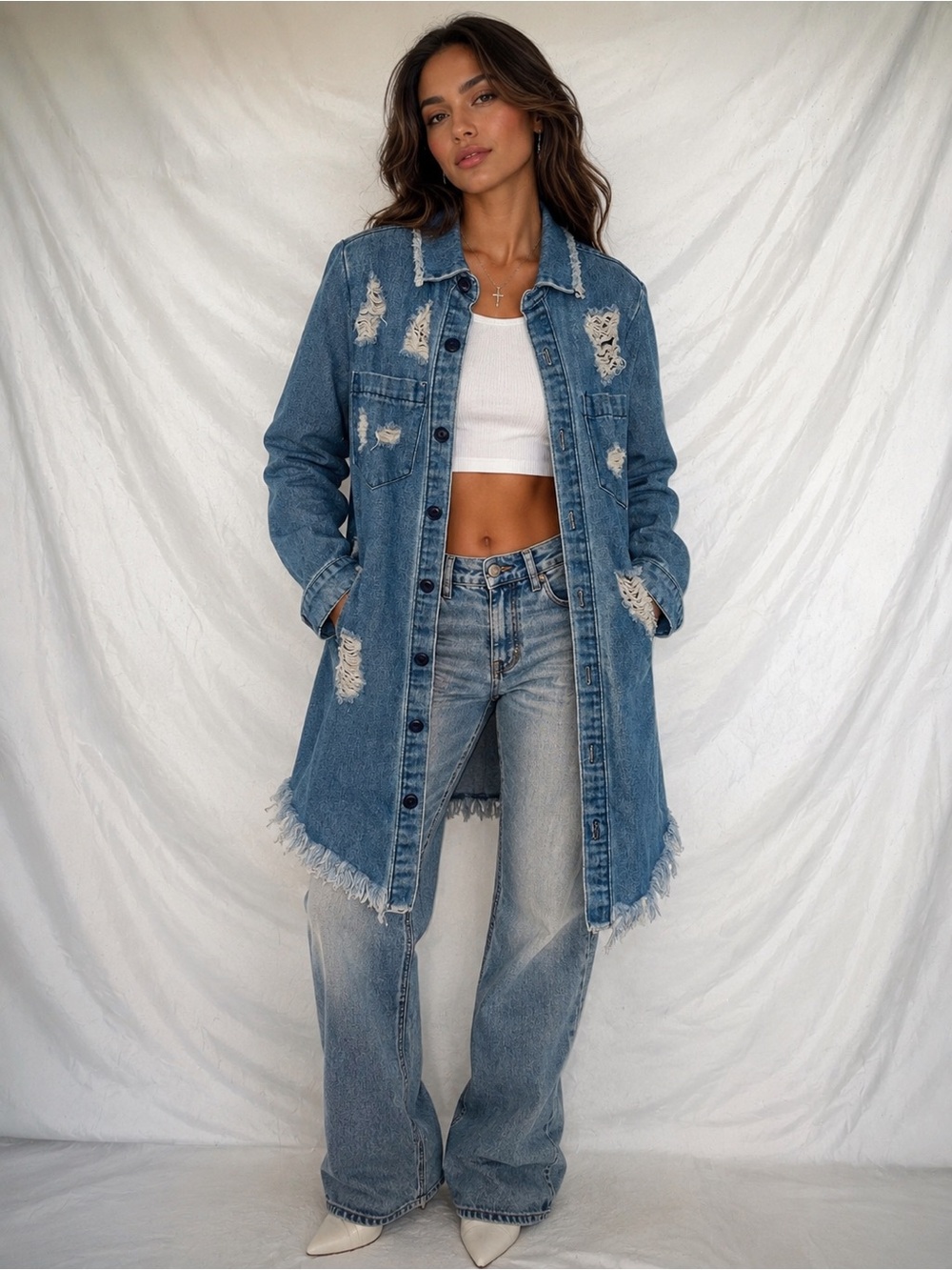 Fashion Nova Light Blue Distressed Longline Denim Jacket